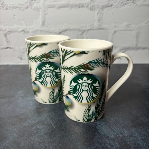 Set of 2 2020 Starbucks Christmas Mugs Tree Branches Ornaments Lights 11 oz - Picture 1 of 6